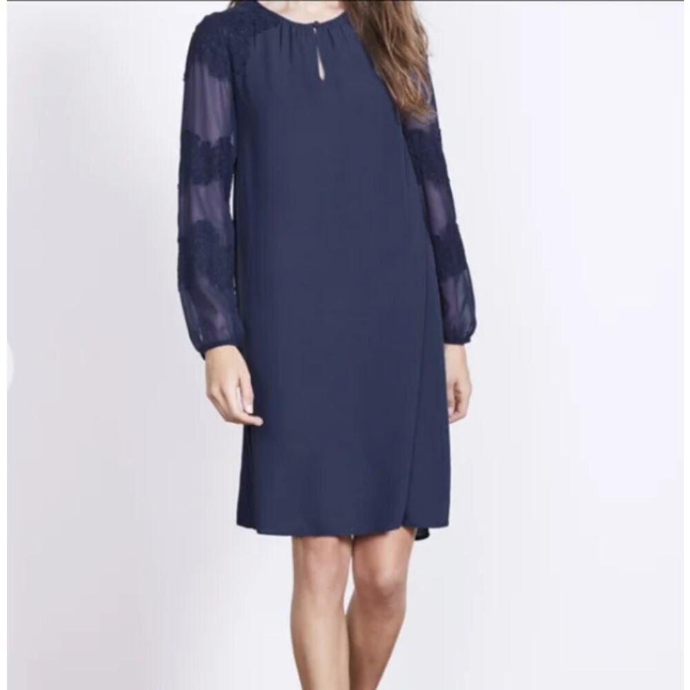 Boden Navy Blue Midi Dress with Sheer Lace Sleeves